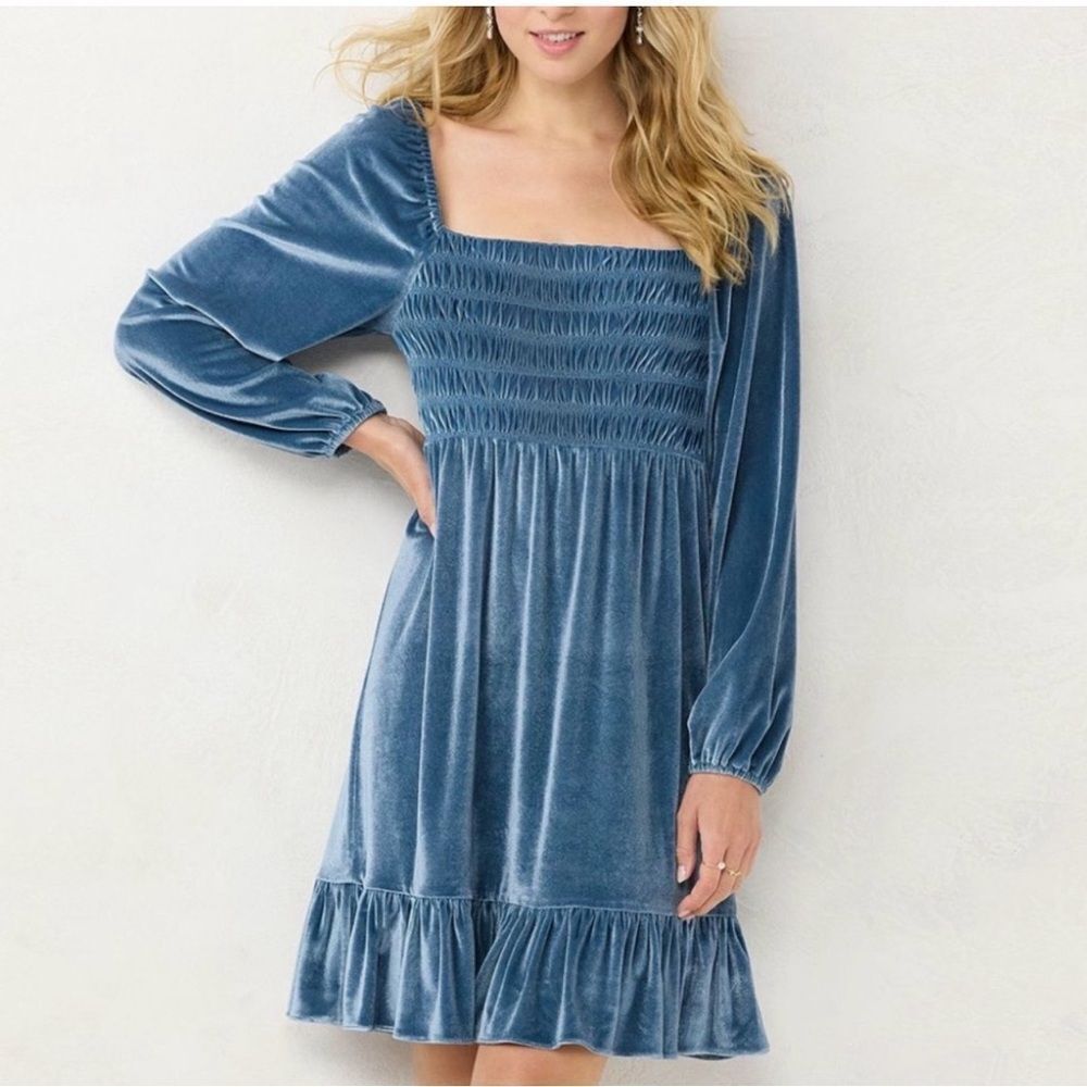 LC Lauren Conrad blue Sundress with Square Neck and Bishop Sleeves NWT SizeLarge